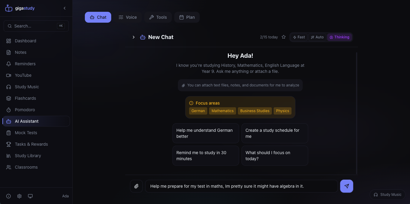 Gigastudy AI tutor on desktop